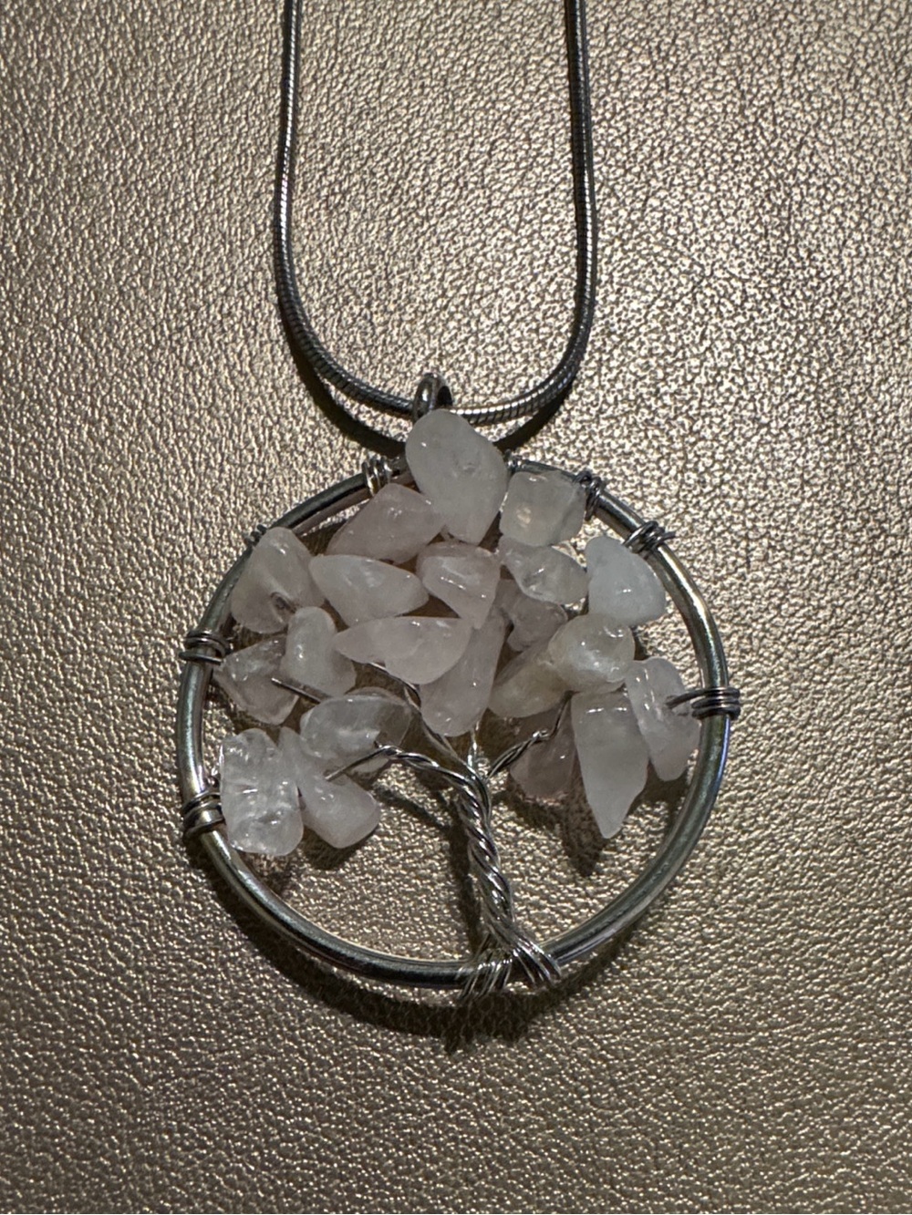 Silver Tree of Life Pendant Necklace with Pink and White Crystal Chips